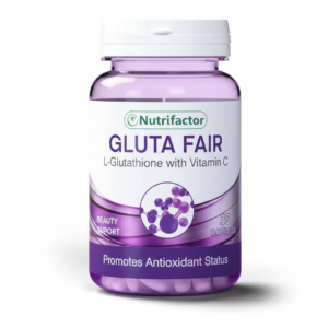 Nutrifactor GLUTA FAIR purple bottle containing L-Glutathione and Vitamin C capsules for beauty support and antioxidant status.