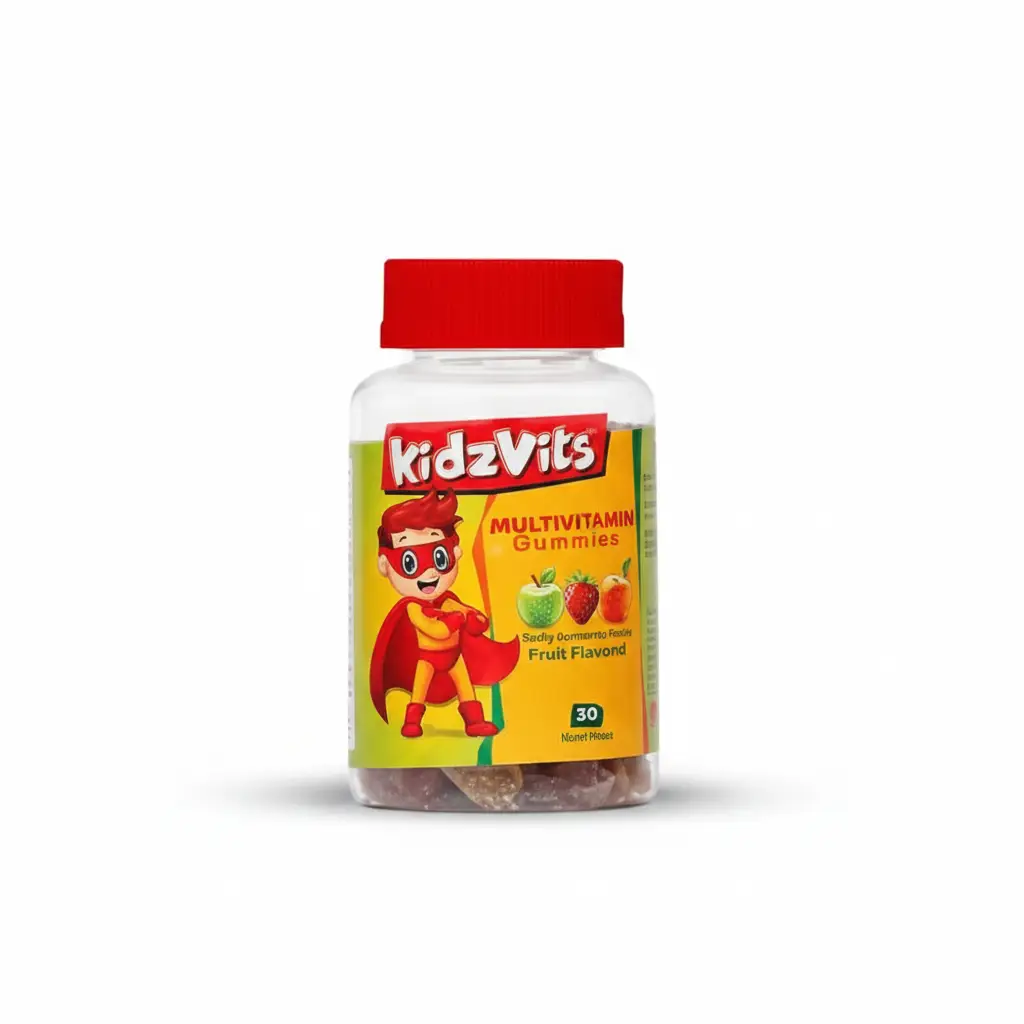 KidzVits Multivitamin Gummies bottle for children, featuring fruit flavors and 30 gummies for daily nutritional support.
