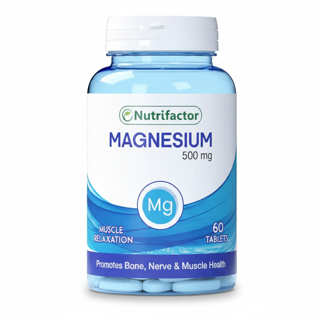 Magnesium 500mg tablets bottle for bone, muscle, and nerve health