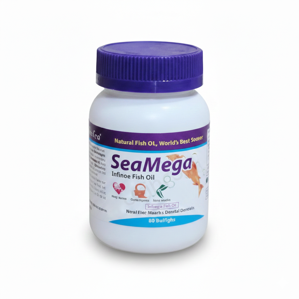 SeaMega Fish Oil bottle with 30 softgels, featuring premium fish oil for heart, brain, and joint health.