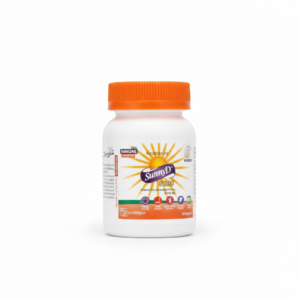 SunnyD 5000 bottle featuring 30 softgels of Vitamin D3 (Cholecalciferol) 5000 IU for immune and bone support.