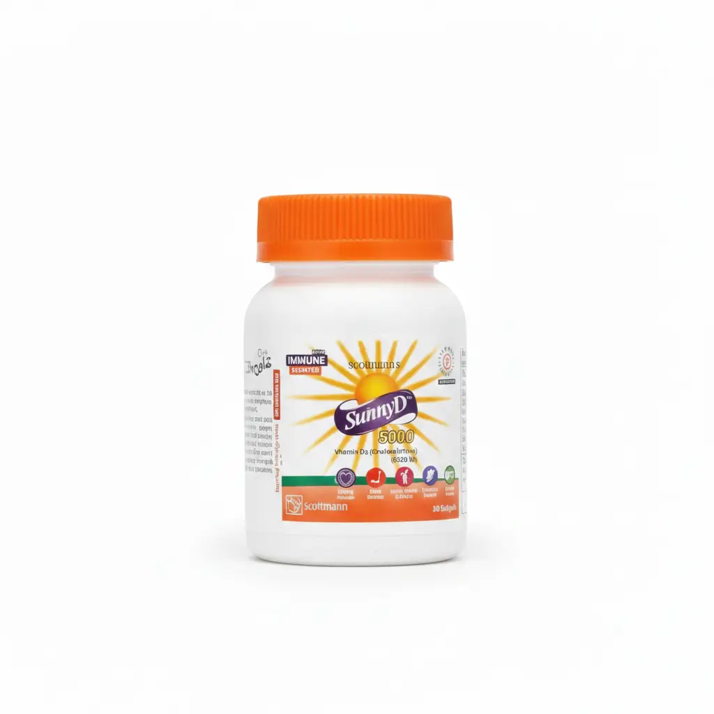 SunnyD 5000 bottle featuring 30 softgels of Vitamin D3 (Cholecalciferol) 5000 IU for immune and bone support.