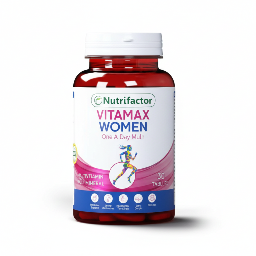 Nutrifactor VITAMAX WOMEN bottle featuring 30 tablets of multivitamin and multimineral specially formulated for women's health and vitality.