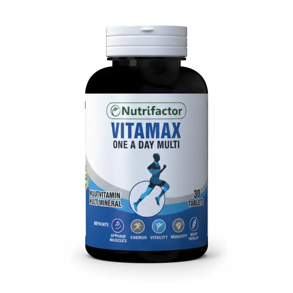Nutrifactor VITAMAX One A Day Multi bottle featuring 30 tablets for men's daily nutritional support, vitality, and muscle health.